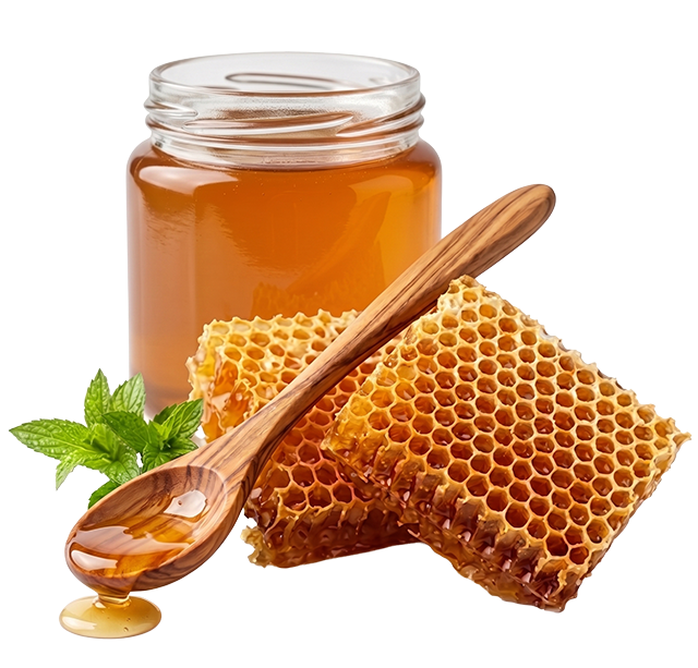 honey jar with honey on a spoon and honeycomb on the side
