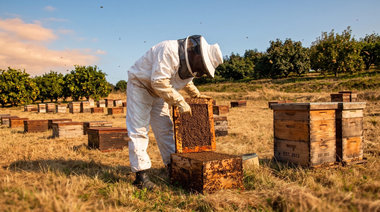 Professional beekeeper in a white protective suit inspecting a wooden frame covered in honey bees at a sunny outdoor apiary.