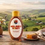 Midlands Honey bottle on a table with the midlands landscape in the background