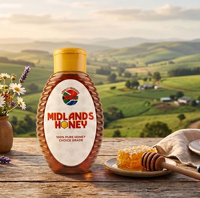 Midlands Honey bottle on a table with the midlands landscape in the background