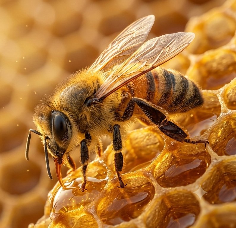 Close up honey bee sitting on honeycomb